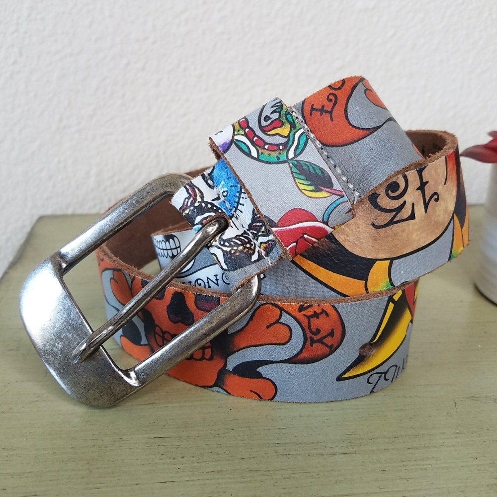 Ed Hardy Colorful Tattoo Leather Art Belt